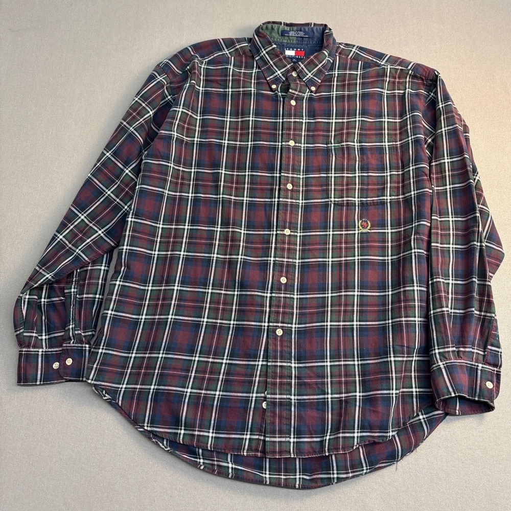Tommy Hilfiger Mens XL Plaid Button Down Shirt Burgundy Navy Green Cotton 2913